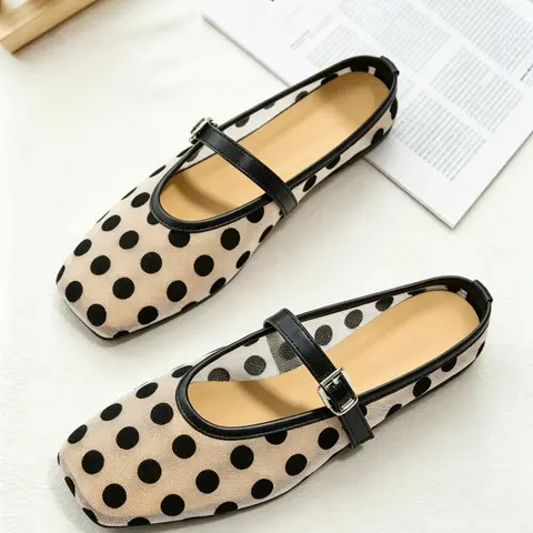 Women's Mary Jane Sandals, Polka Dot Mesh, Breathable Hollow Out, Square Toe Adjustable Buckle, Flat Soft Sole, Summer Casual Retro French Style, Casual Summer Flats | Labor Day Weekend