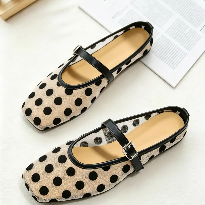 Women's Mary Jane Sandals, Polka Dot Mesh, Breathable Hollow Out, Square Toe Adjustable Buckle, Flat Soft Sole, Summer Casual Retro French Style, Casual Summer Flats | Labor Day Weekend
