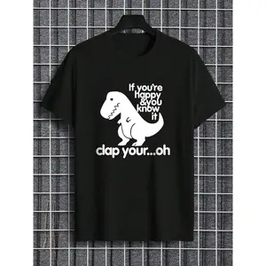Men's Regular Fit Cartoon Dinosaur & Letter Print Round Neck Tee, Casual Comfy Short Sleeve T-shirt for Daily Wear, Men's Summer Clothes