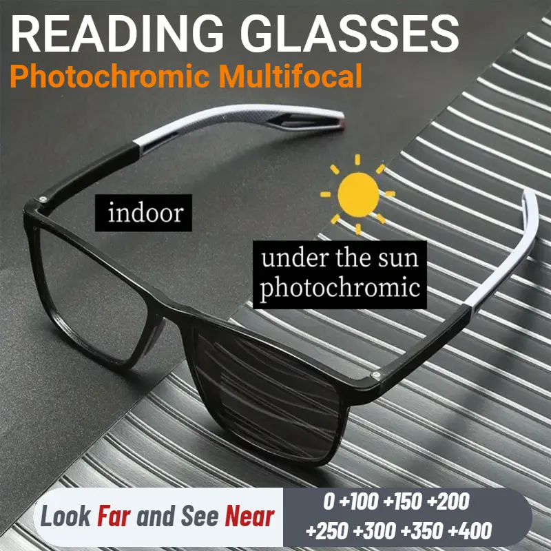 Unisex Photochromic Lens Progressive Multifocal Reading Eyeglasses - 1pc Durable Lightweight Non-slip Dual-use for Distance/Near Vision Sports Eyewear (+1.0 to +4.0)