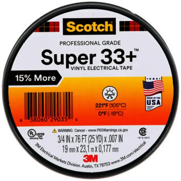 3M Scotch Super 33 Plus Multi-Purpose Adhesive Insulating Vinyl Electrical Tape, 0.75 in. x 76 ft. - 405-638060-29035, Case of 10, Multi-Purpose Adhesive Insulating Tape