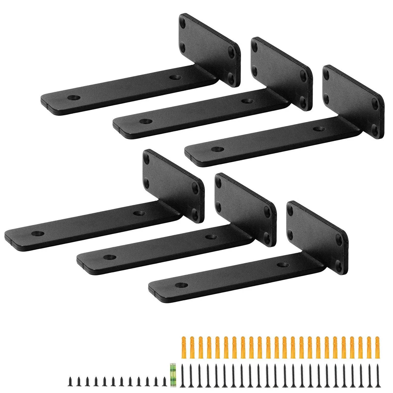 8"×4"×1.6" Heavy-Duty L Shelf Brackets – 6-Piece Set, 5mm Thick Matte Black Steel, 160-LBS Load Capacity for Floating Shelves