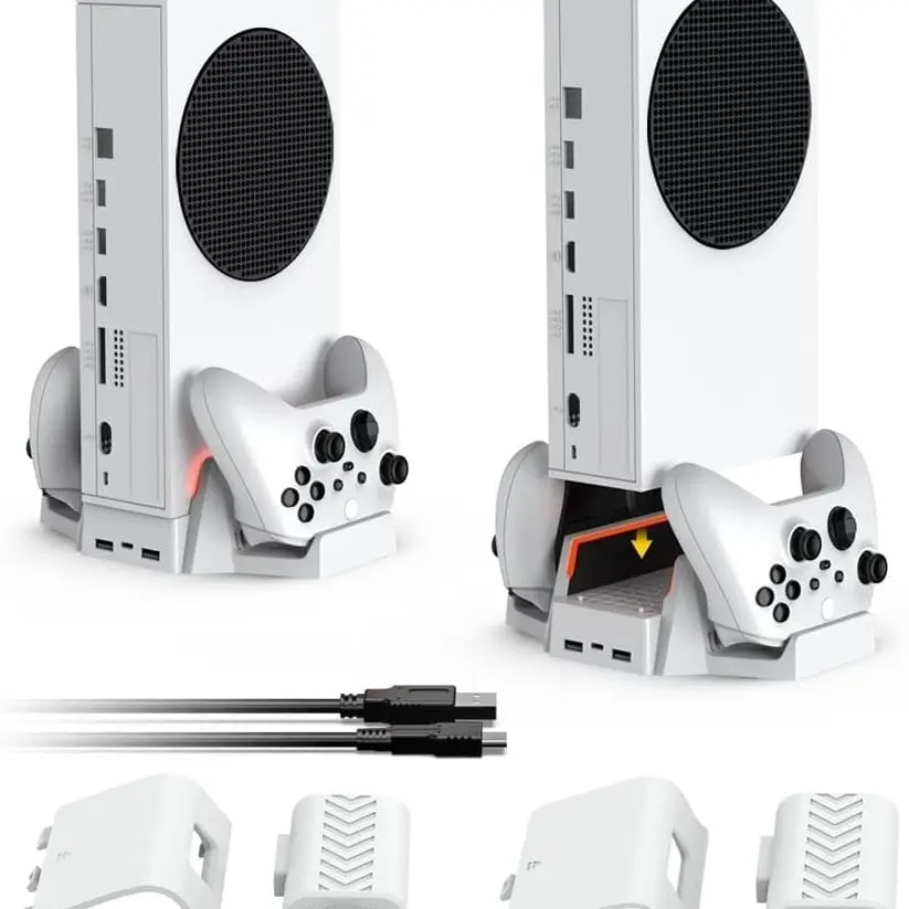Cooling Stand for Xbox Series S Console with Dual Cooling Fan 3 Level Adjustable Speed, Dual Controller Charger with LED Indicator USB Port -2x400mAh Rechargeable Battery Pack for XSX|S/One S/One X/One Accessories