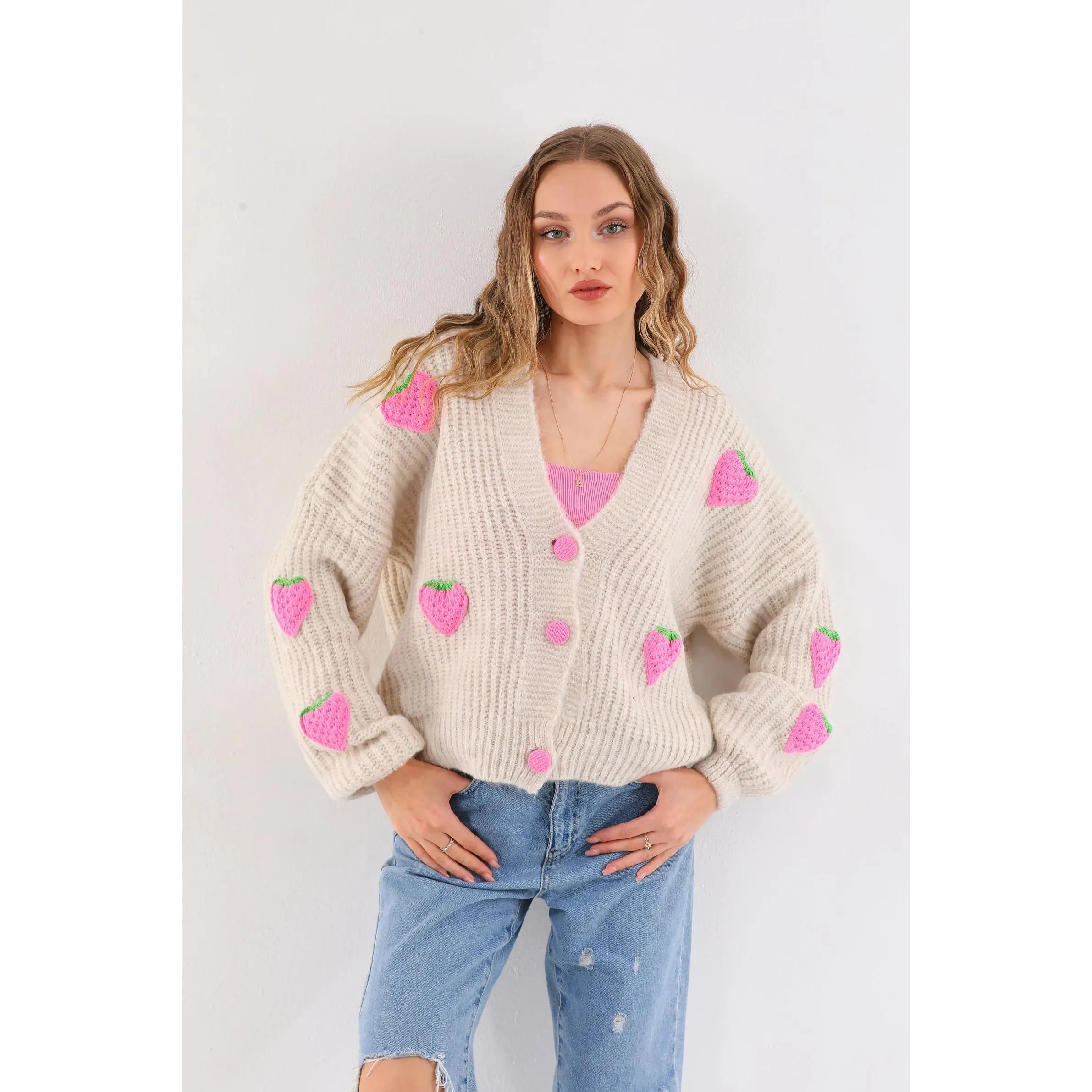 Women's Yildiz Studio 3D Strawberry Knit Cardigan Sweater