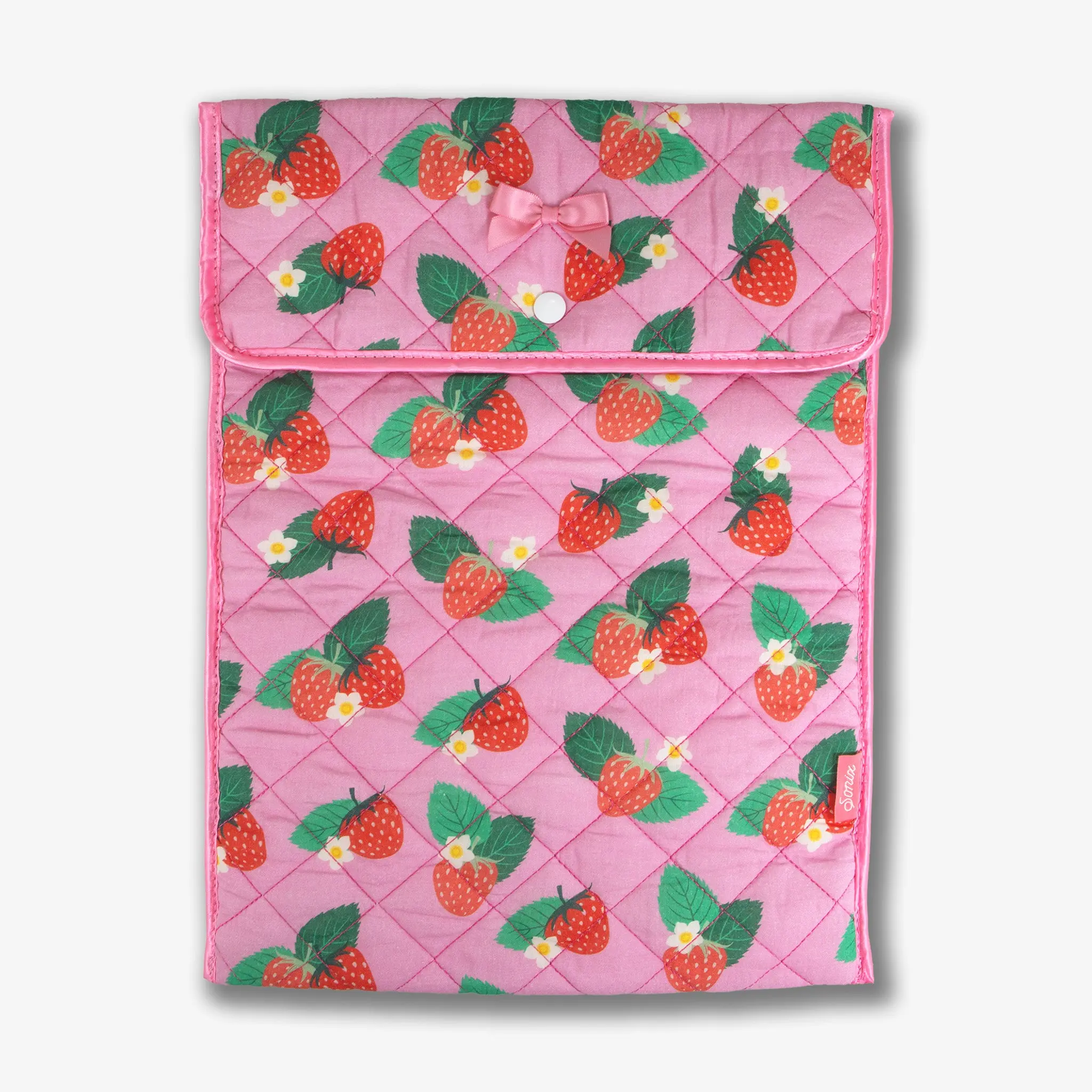 Quilted Cotton Laptop Sleeve for 13-14 Inch Devices, Wild Strawberries Fruity Print Protector with Light Padding, Satin Binding & Button Snap Closure, Cotton Fabric, On-The-Go