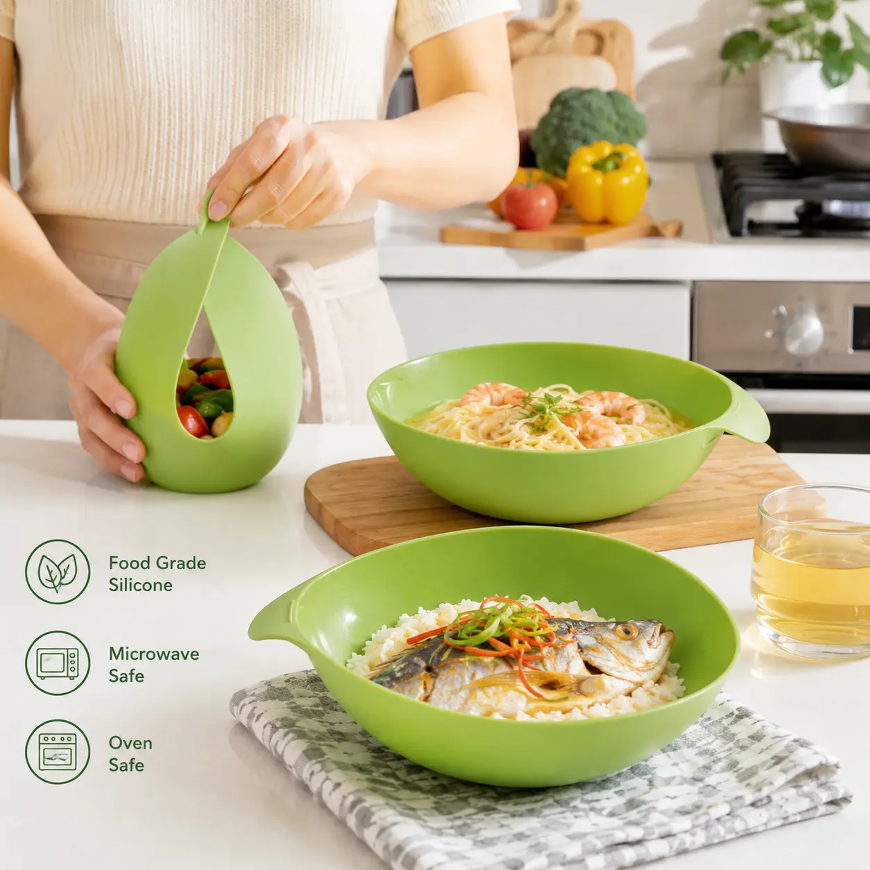 1 Piece Green Food Grade Silicone Cooking Bowl, Suitable for Oven Microwave Steamer Home Kitchen Steaming Baking Food Prep