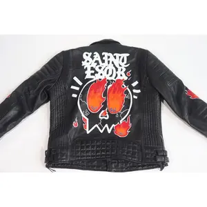 Burning Skull Head Painted Biker Jacket | Saint Esor