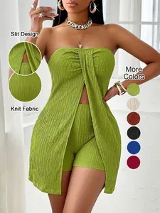 Women's Summer Plain Textured Fabric Twist Front Split Sleeveless Top Short Pants Set, Elegant Slim-Fitting Two-Piece