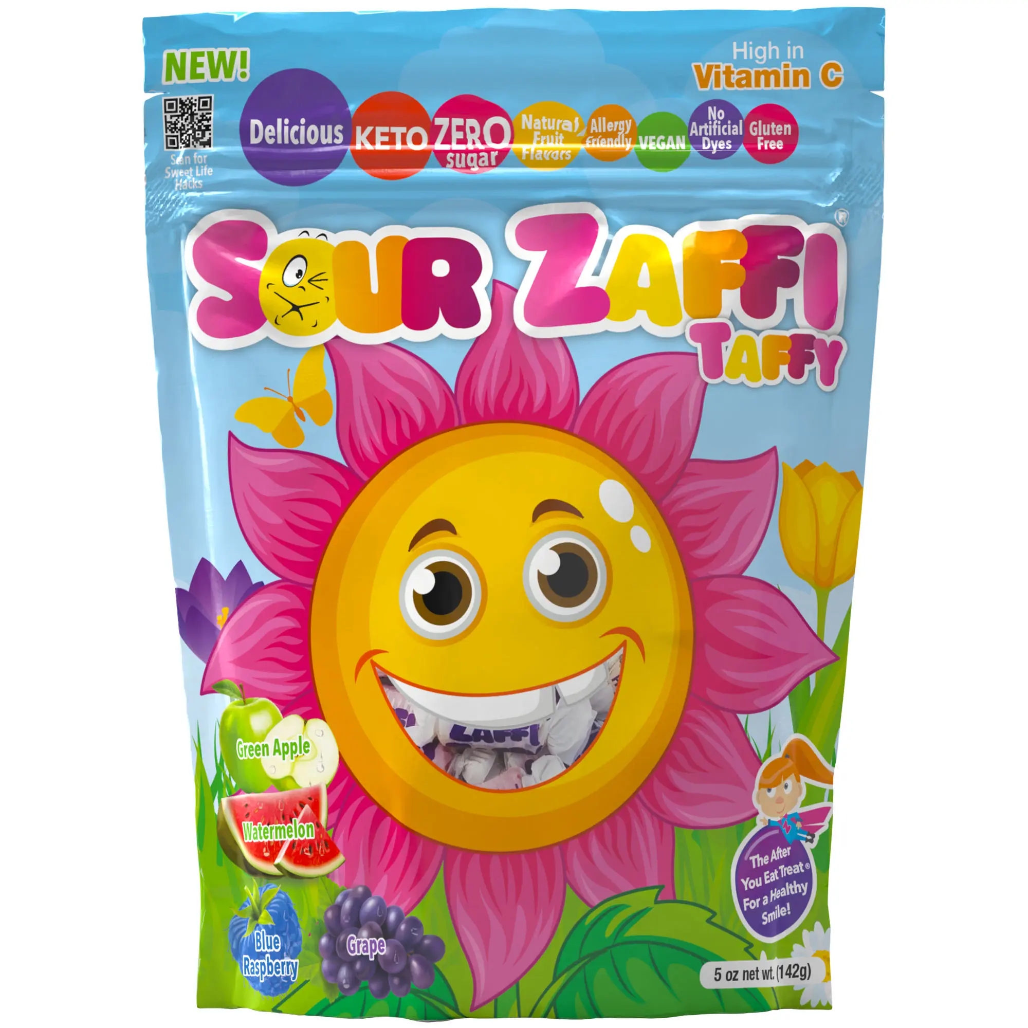SOUR Zaffi Taffy Sugar-Free Vegan Snack - 5 oz. Pouch, Spring-Easter Sweet, Grapes & Watermelon Flavored Candy, Sugar‑Free Sour