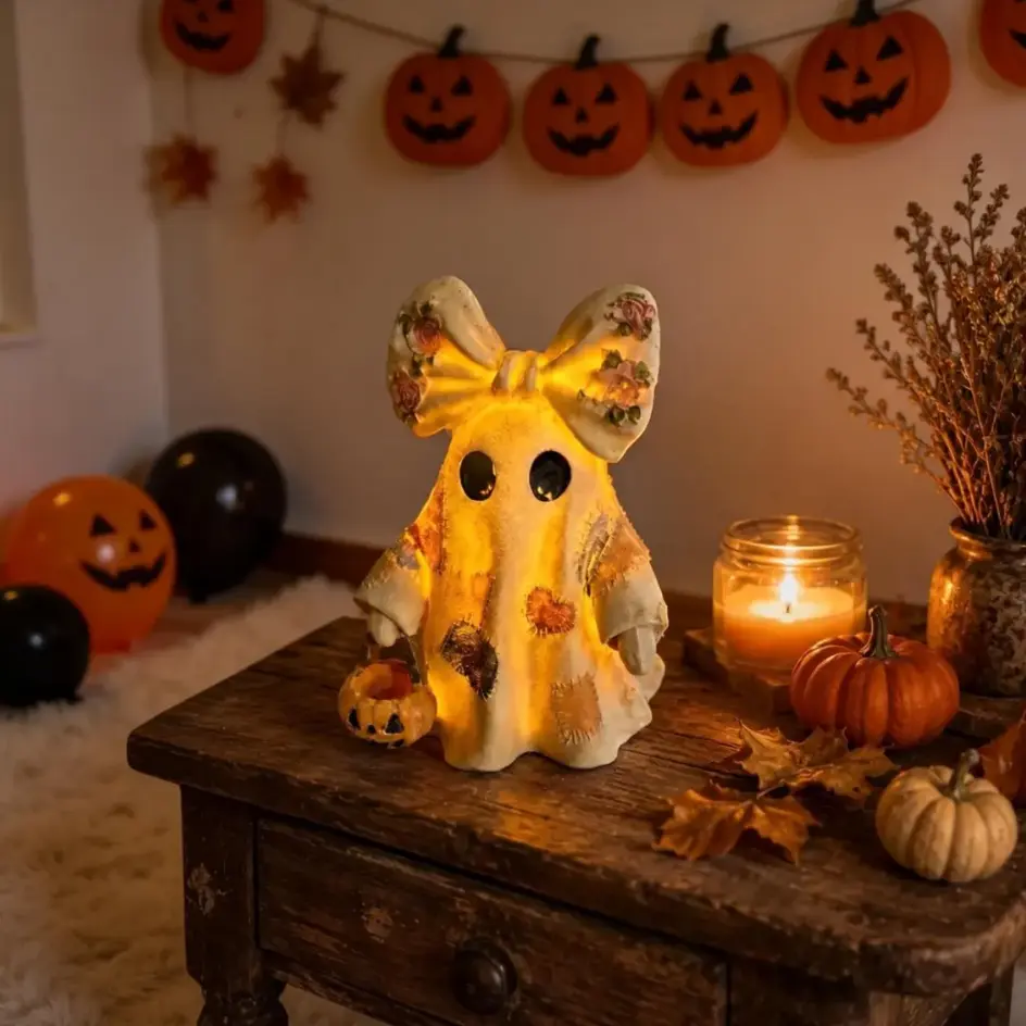 Halloween Lighted Ghost Figurine, Cute Coquette Bow Patchwork Ghost Statue, Glowing Warm Tabletop Decor Shelf Mantel Party Prop Autumn Holiday Atmosphere Statue with Mini Pumpkin Lantern, Glowing Warm Tabletop Decor Home Shelf Mantel Party Prop