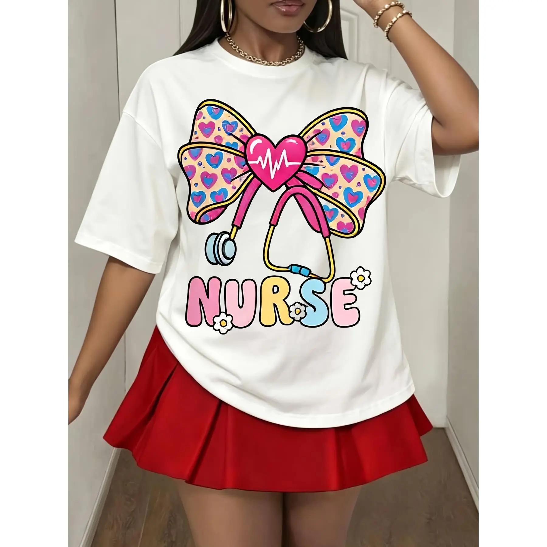 Nurse T Shirt, Cute Heart Stethoscope Bow Graphic Tee, Nursing Student School Uniform Outfit, Nurse Week Gift, Medical Career Appreciation Day Costume