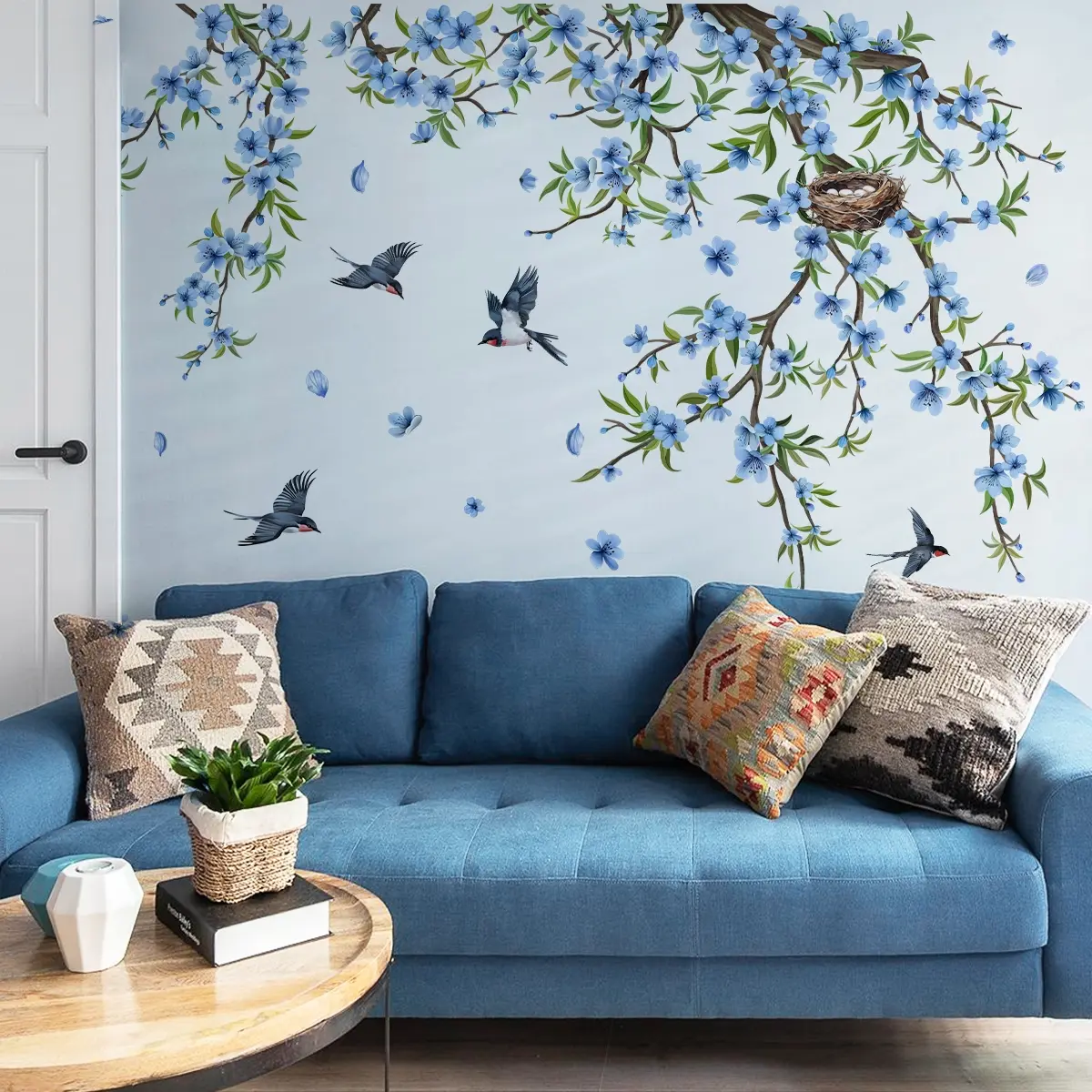 A set of 2 pieces (30*90cm*2pcs) hand-painted blue branch and flower Decorative wall stickers, suitable for living room, bedroom, bathroom, home background decoration, self-adhesive, M16091-YJ