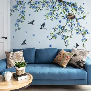 A set of 2 pieces (30*90cm*2pcs) hand-painted blue branch and flower wall stickers, suitable for living room, bedroom, bathroom, home background decoration, self-adhesive, M16091-YJ