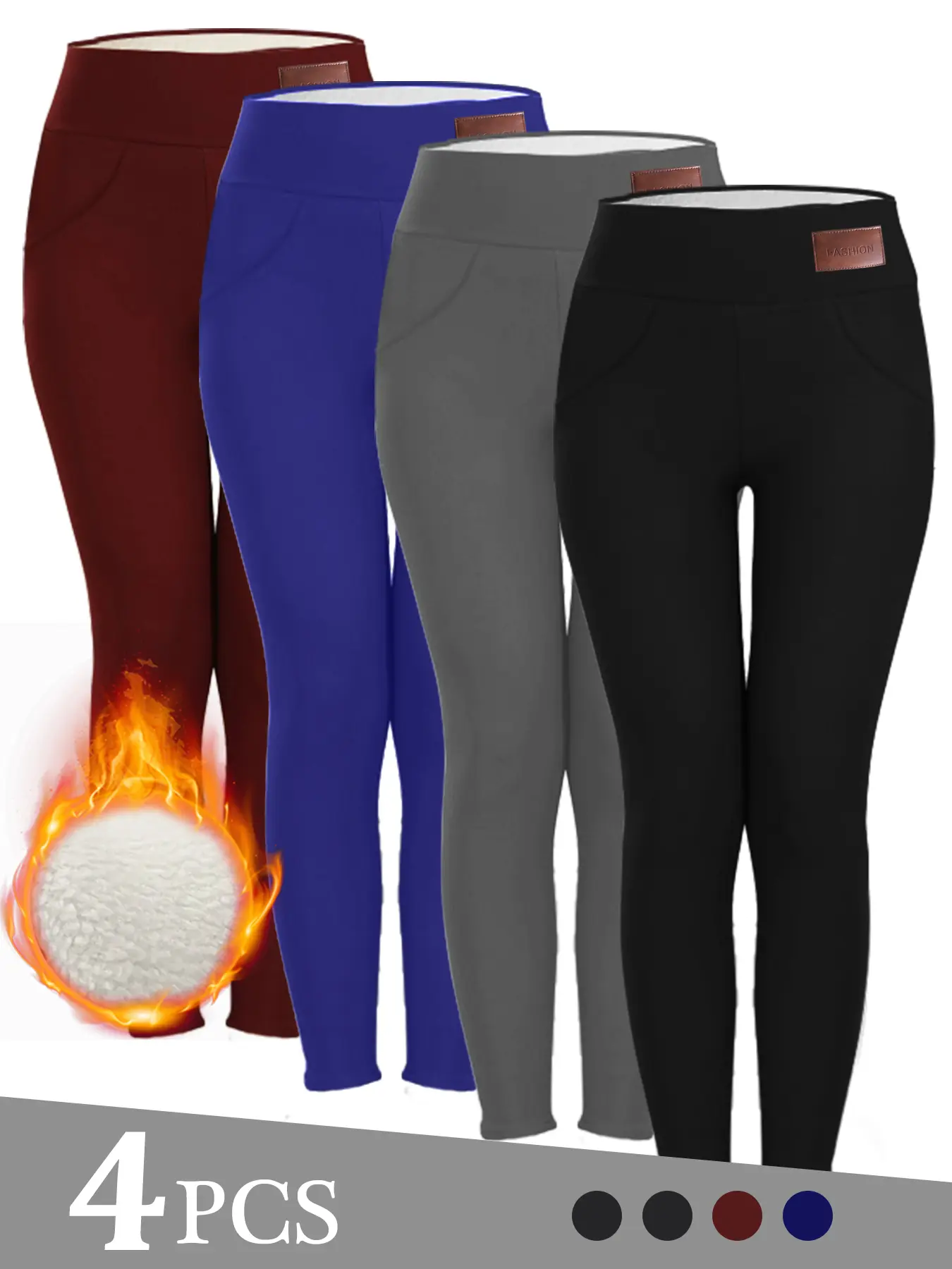 Women's 4-Pack Thermal Fleece Leggings, Stretchy High Waist Compression Workout Pants with Pockets for Winter Yoga & Running, Skinny Sportswear, Sports Casual Pants, Female, Sports Bottoms