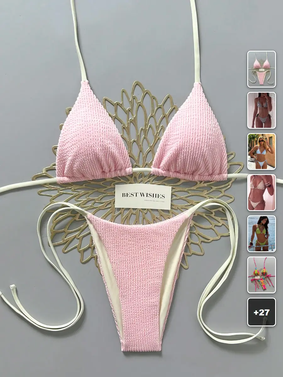 RUTMAN Halter neck bikini set beige pink pleated texture high cut beach vacation