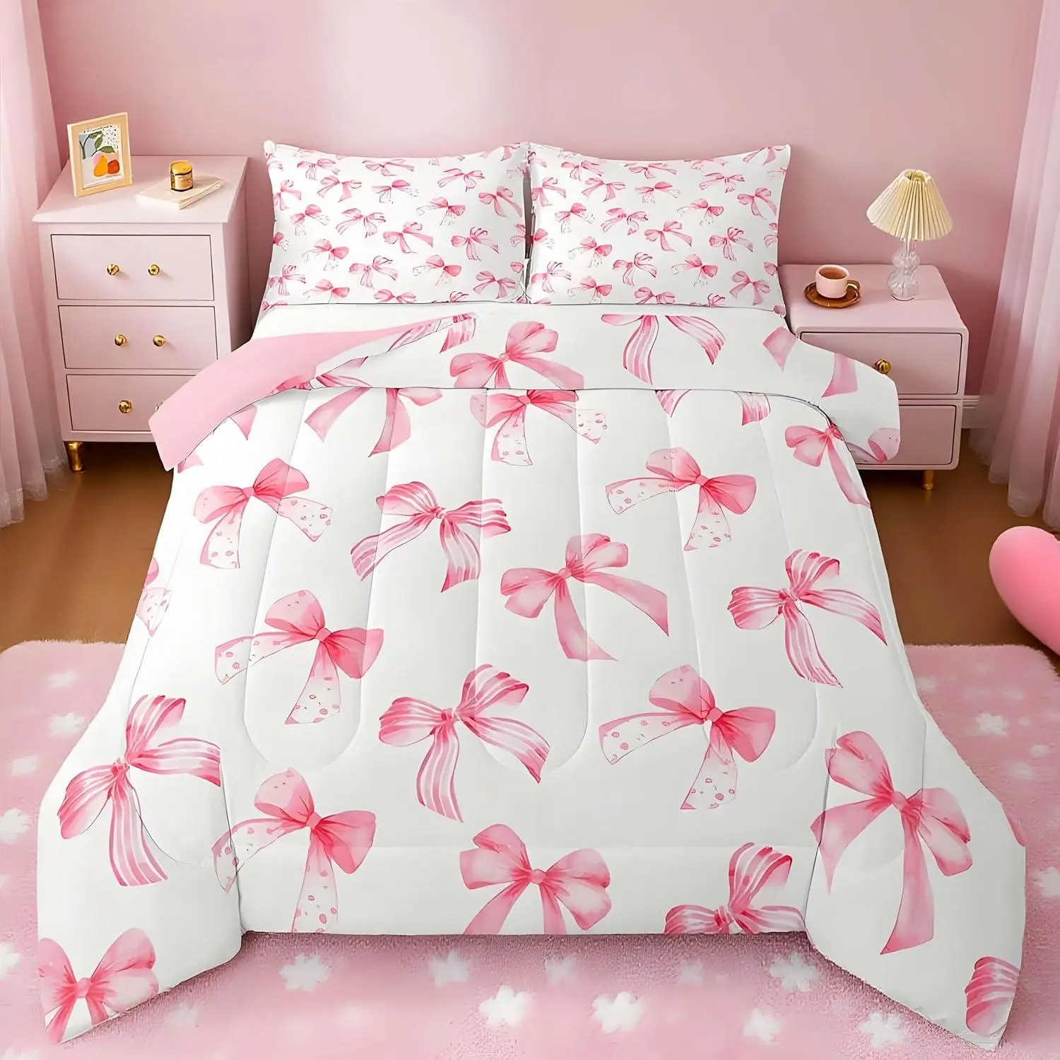Feelyou Kawaii Pink Bow Bedding Set - Microfiber Soft Breathable Fabric, Princess Design Bow Comforter, Multi-Size (Incl. King) Kids Quilt, Machine Washable, for Princess Room, Guest Room Decor