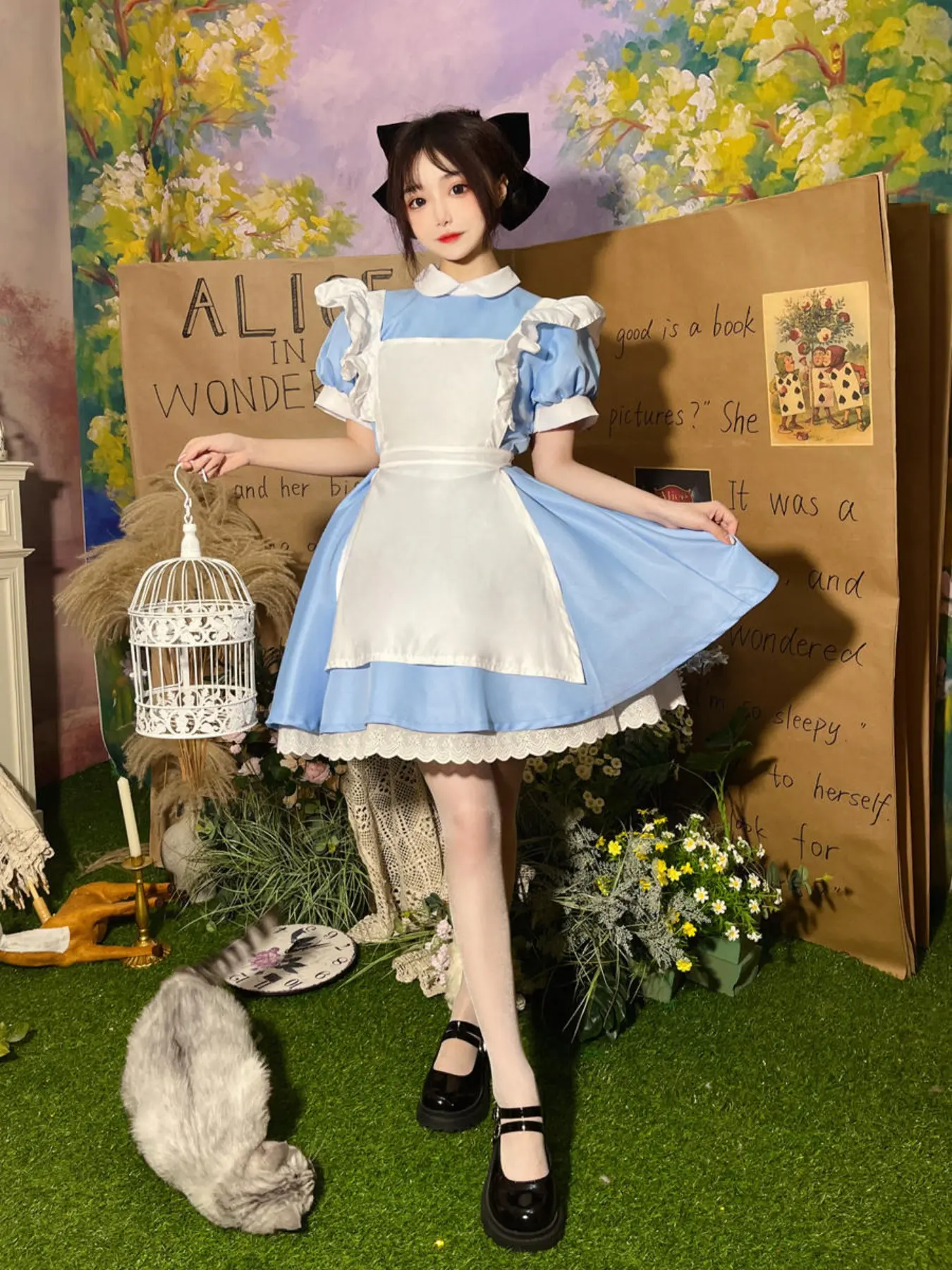 Lolita Dress Girls Apron Fantasy Carnival Halloween Women Makeup Party Alice in Wonderland Role Play Vintage Victorian Style Costume Womenswear (dress + Apron + Headband)
