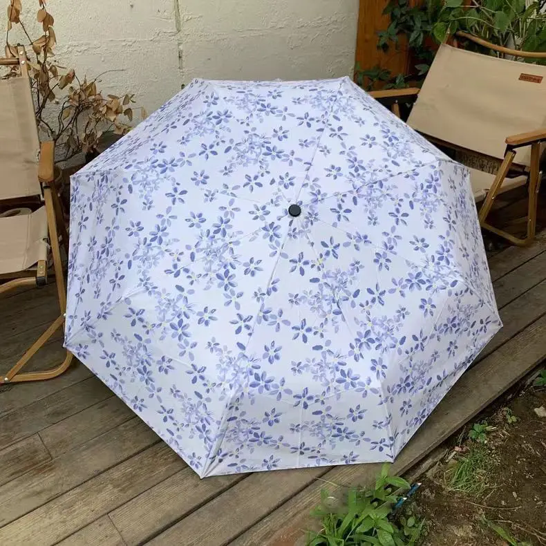 Macaron Pink Blue Floral Striped Umbrella, Ins Gentle 3-Fold Black Coating Sun Parasol, Portable Dual-Use Rain Sun Umbrella for Students