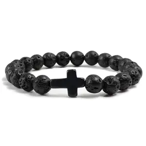 Charm Natural Stone Cross Bracelet, Black Lava Matte Beaded Stretch Elastic Adjustable Bracelet, Handmade For Men Women, Prayer Yoga Meditation Energy Healing Spiritual Christian Faith Jewelry, Boho Fashion Fitness Couple Bracelet, Gift For Him Her