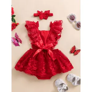 0-24 months baby girl romper dress, lace bow flutter sleeve mesh skirt romper, with headband