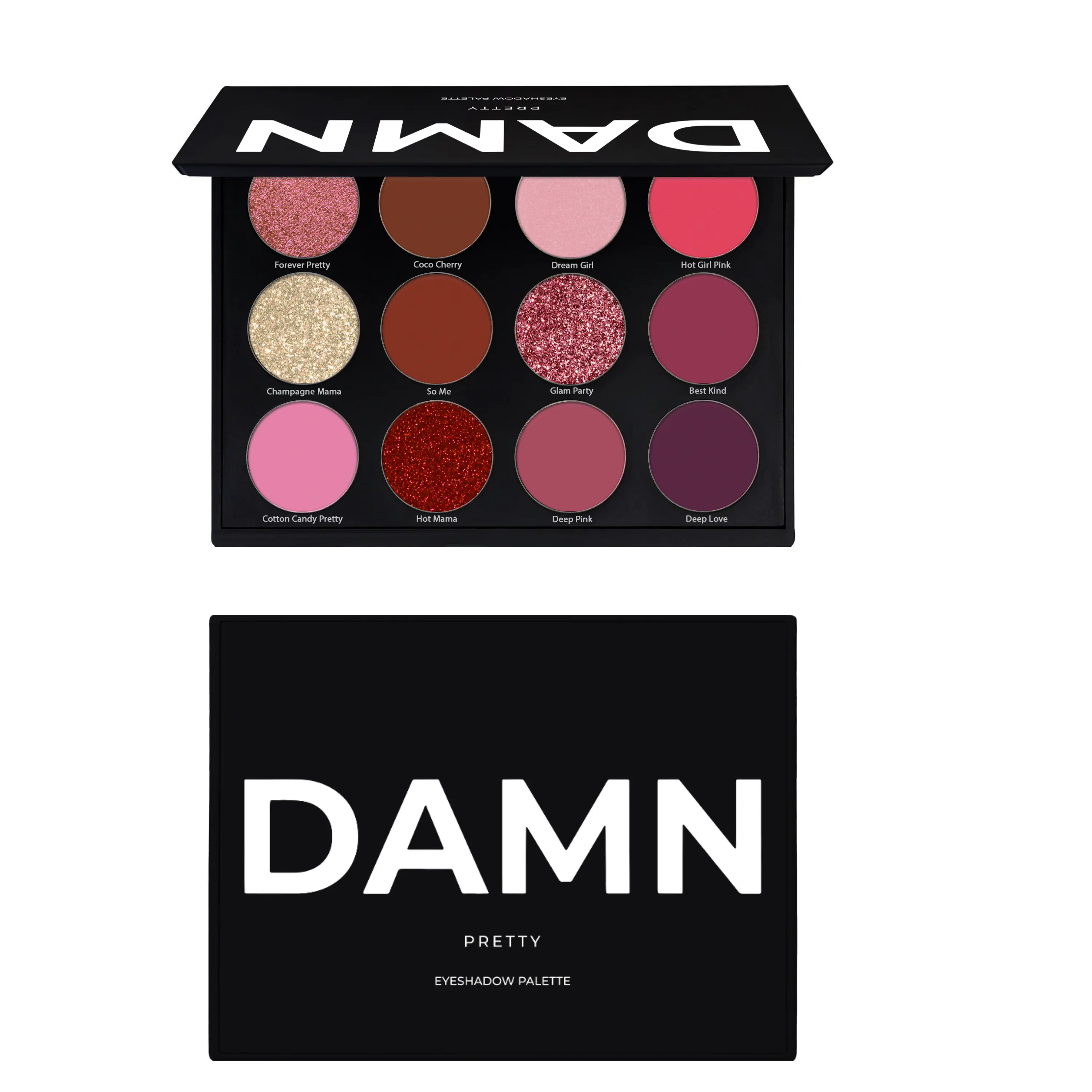DAMN PRETTY Eyeshadow Palette: 12pc Rose & Pink Glitter, Metallic & Matte Eyeshadows