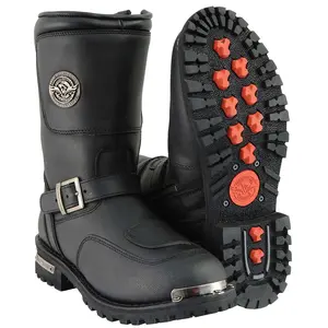 Men's Black Leather Engineer Boots with Reflective Piping and Gear Shift Protection