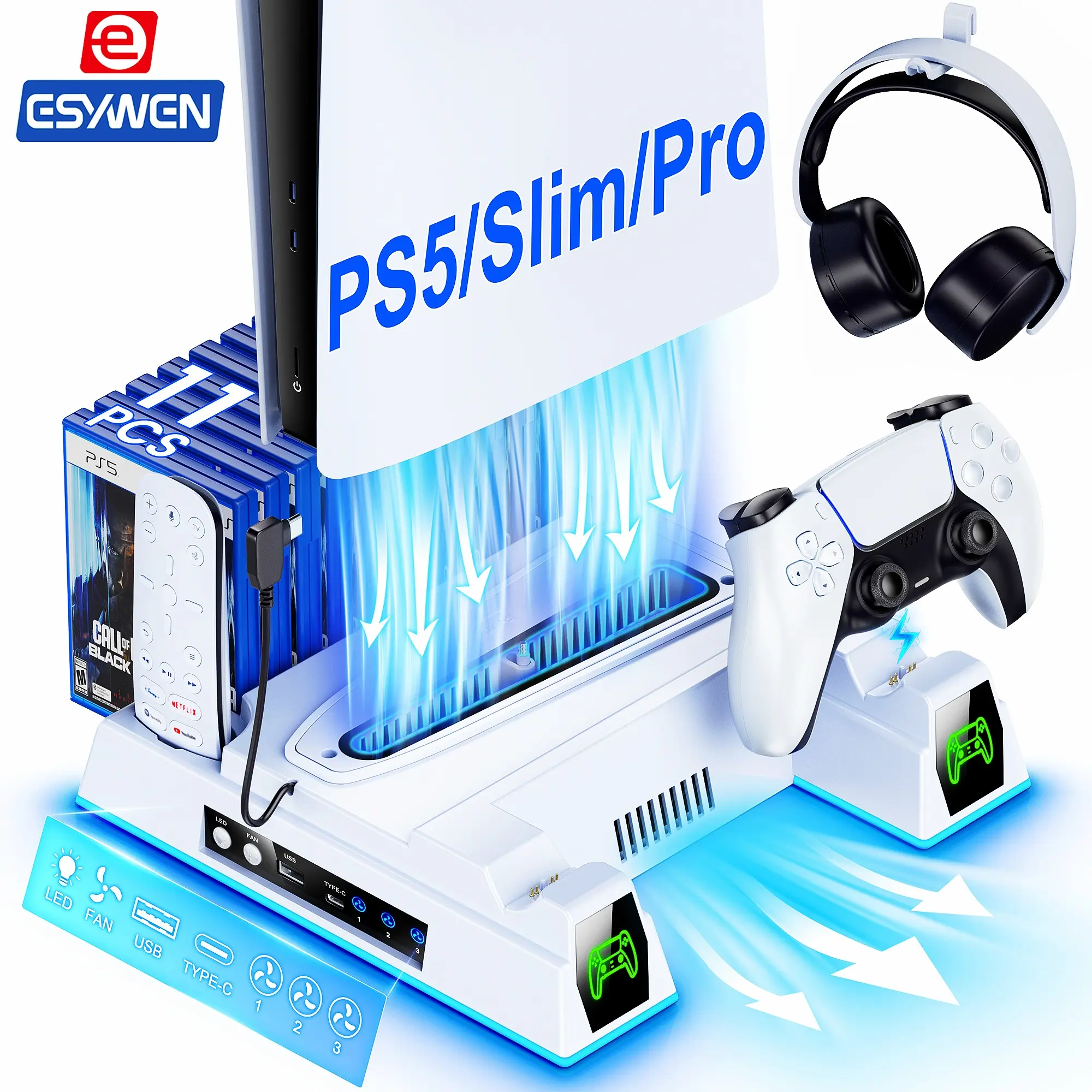 ESYWEN PS5 Pro Stand with Fan, Stand for PS5/Slim/Pro Disc/Digital Edition, Cool RGB Light/Headset Holder/Controller Charging Station/Remote Control Solt/Play Solt
