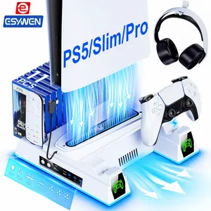 ESYWEN PS5 Pro Stand with Fan, Stand for PS5/Slim/Pro Disc/Digital Edition, Cool RGB Light/Headset Holder/Controller Charging Station/Remote Control Solt/Play Solt