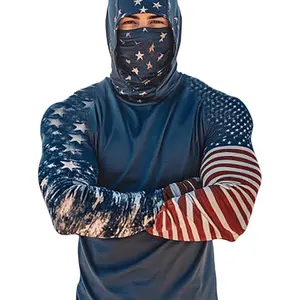 American flag patchwork sun protection hooded coverall, outdoor quick-dry breathable tactical shirt, fitness sports sun protection long-sleeve T-shirt, men's long-sleeve double-hood sun protection clothing with thumb holes - with thumb holes