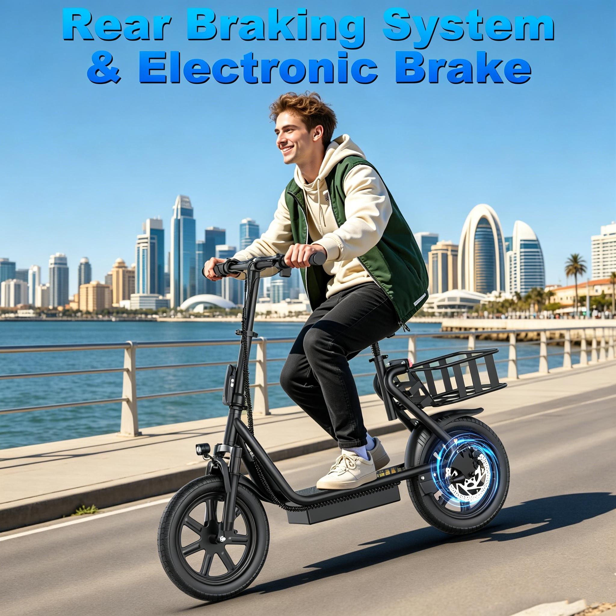 B Comfortable Seated Electric Scooter for Adults 48V 10.4Ah Battery Up to 22MPH Speed 21-27 Miles Range Pet-Friendly Design with Sturdy Rear Basket