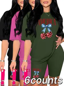 Women's Cherry Print Crop Crewneck Tee & Bow Decor Shorts Set, Casual Fashion Cozy Breathable Two-piece Outfits for Daily Outdoor Wear, Ladies Clothes Womenswear for Spring Fall, Suits