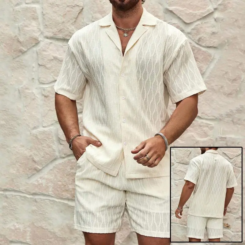 Men's 2-Piece Short-Sleeve Lapel Button Shirt & Shorts Set, Loose Casual All-Match Outfits for Beach Holidays Clothes Cotton