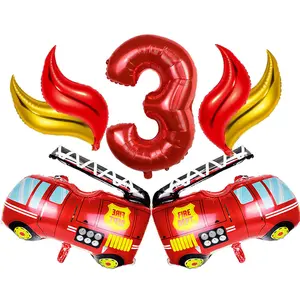 1 Set Firefighters Party Decor Balloons Include Fire Truck Balloon Flame Balloon Number Balloon Kit Fire Themed Party Supplies