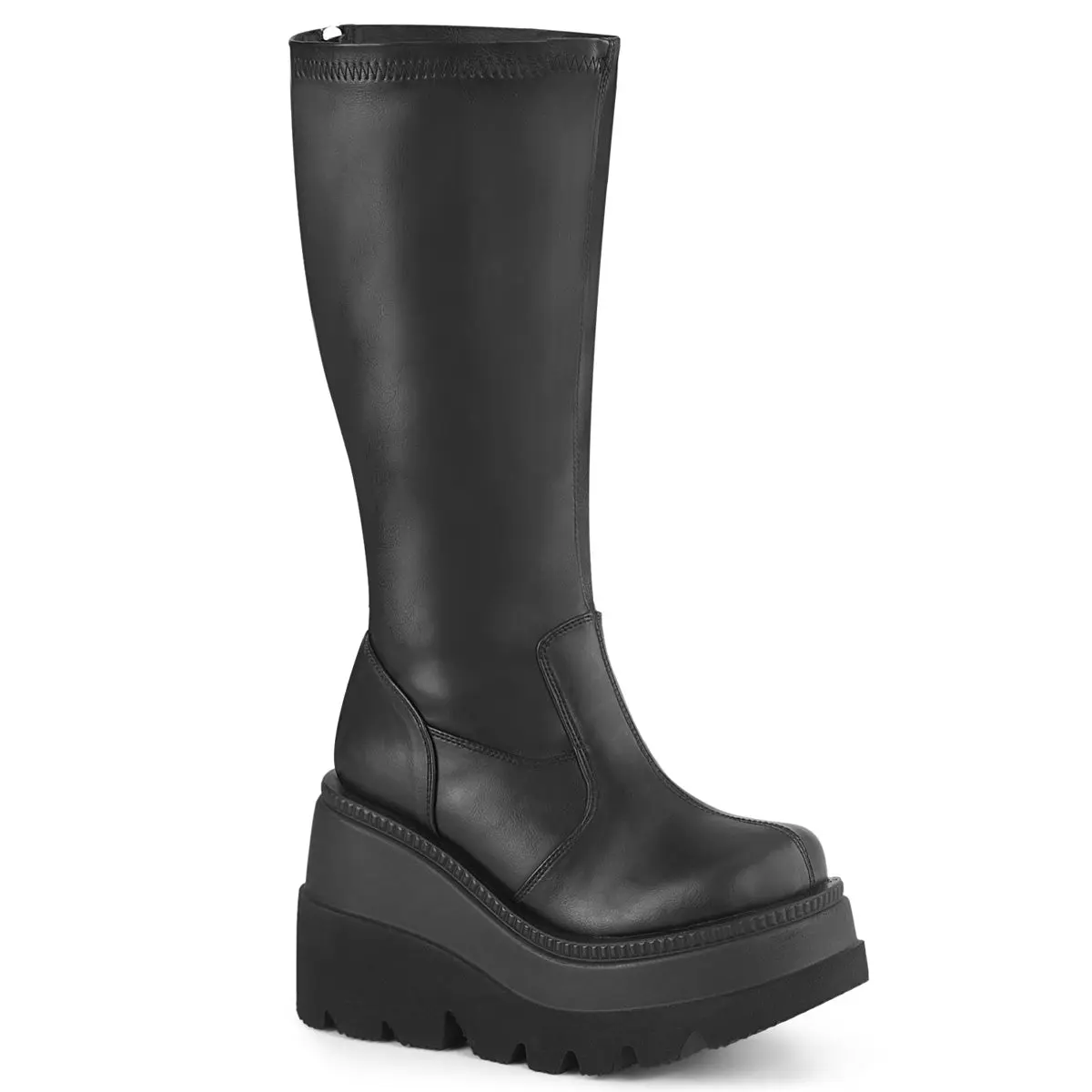 Demonia Shaker-65WC Black Stretch Vegan Leather Ankle Boots Platform Wedge Footwear