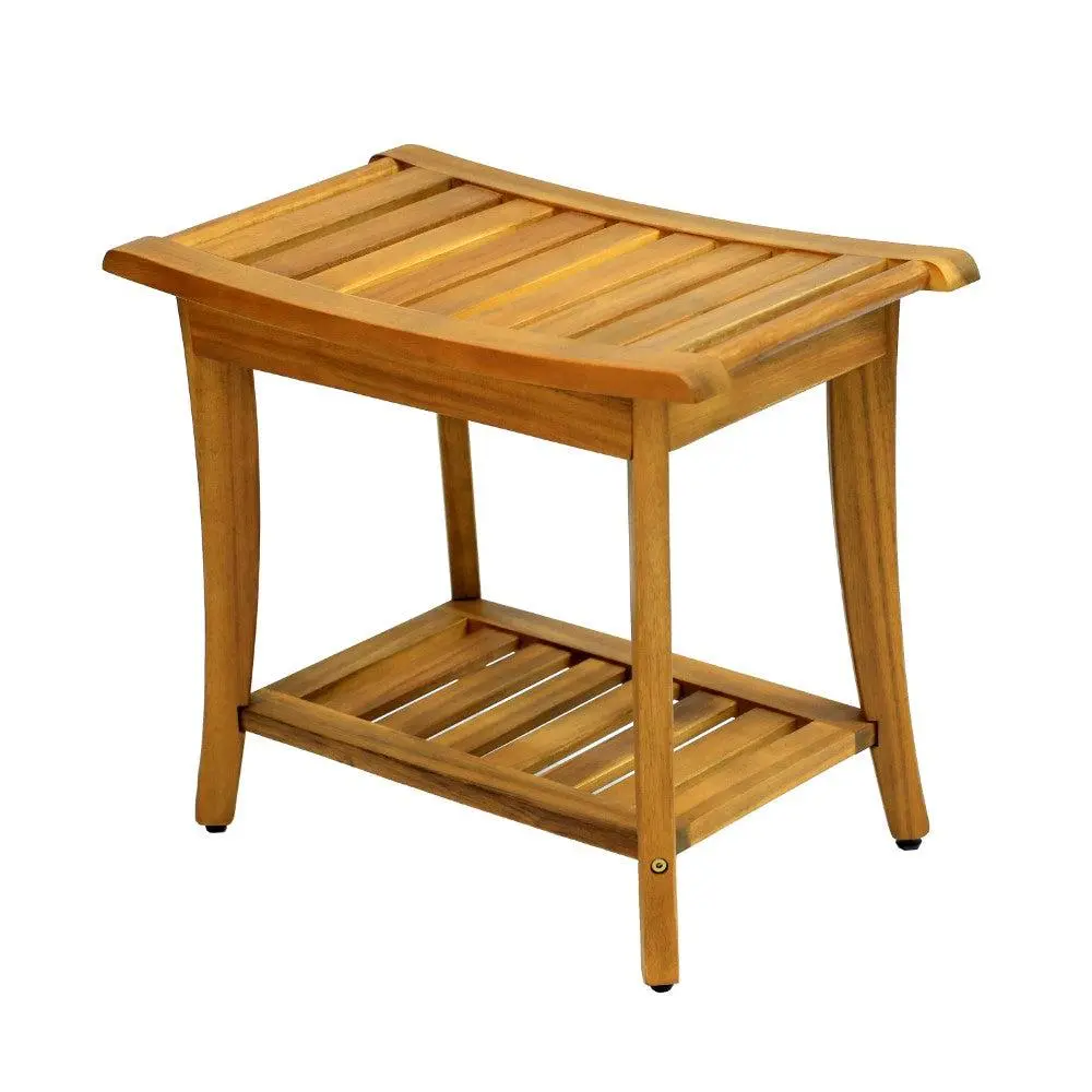 Tucker 22.1" Traditional Classic Slatted Solid Acacia Wood Bath Stool - Indoor/Outdoors Bench with Towel Storage Shelf, Handle, Adjustable Feet, Shower Chair for Bedroom, Shower