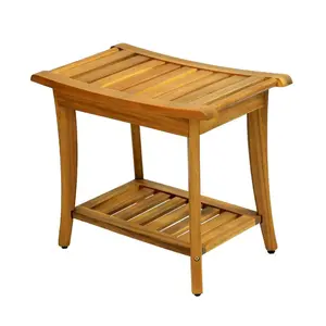 Tucker 22.1" Traditional Classic Slatted Solid Acacia Wood Indoor/Outdoor Shower Bench with Shelf and Handle