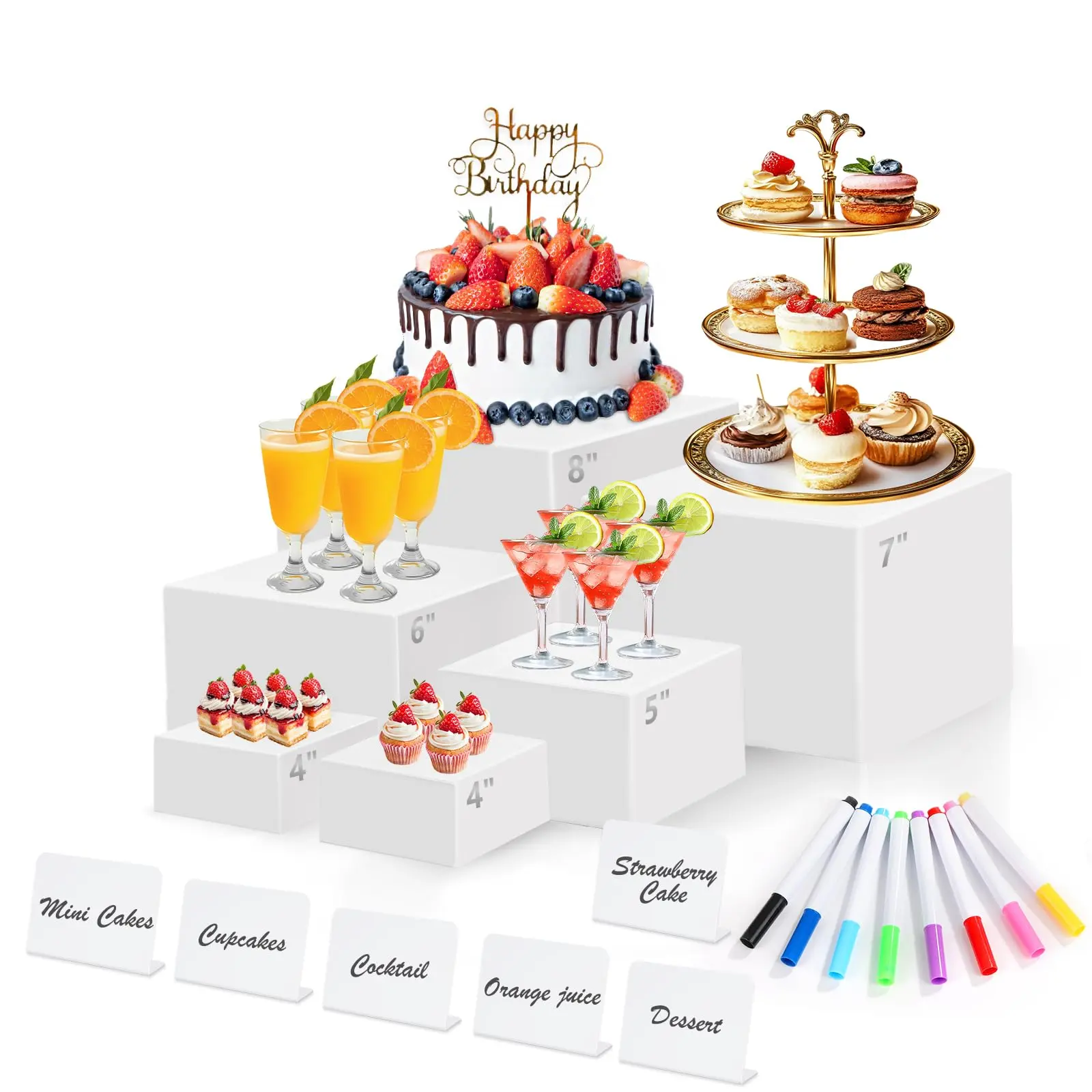 6 PCS Buffet Risers with Mini Sign and Marker, Food Display Stands for Buffet Table Party Catering Dessert Jewelry Collectibles, Cube Nesting Boxes with Hollow Bottoms  ( 8" 7" 6" 5" 4" 4" )