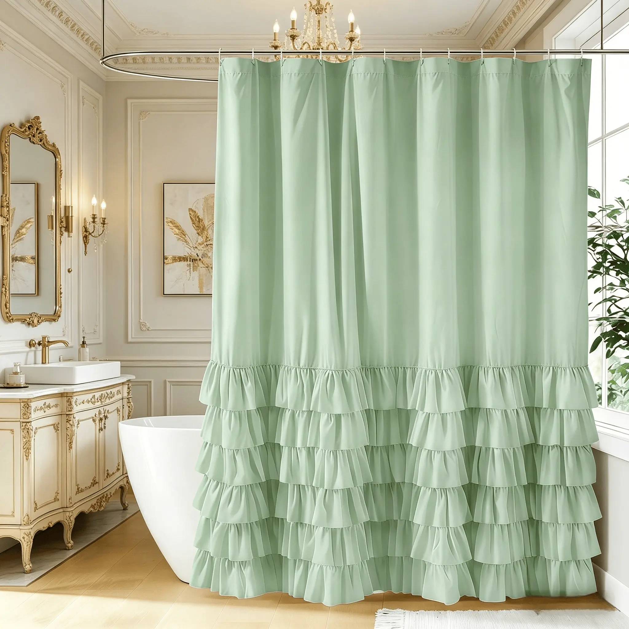 Solid White Ruffled Shower Curtain with Cake Skirt Hem, French Country Style, Ultra-fine Fiber Fabric, Waterproof Bath Curtain for Bathroom, Hotel and Salon Decor, Bathroom Accessory