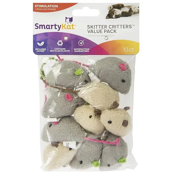 SmartyKat Skitter Critters Value Pack Catnip Cat Toys - Gray/Cream Set of 10, Assorted Shapes for Playtime Fun