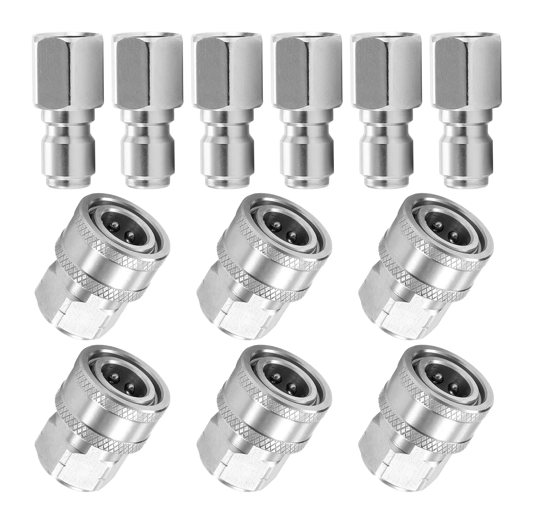 12-Piece Stainless Steel 3/8" NPT Pressure Washer Adapter Set - Internal Thread Leak-Resistant Quick Connector Kit with 6 Matched Pairs of Plugs & Sockets, 5000 PSI Fittings for Cleaning Setups