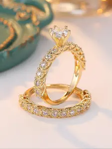 Elegant Rhinestone Decorated Engagement Ring Set, Wedding Promise Rings, Fashion Accessories for Women, Trendy All-match & Exquisite Jewelry for Birthday Gift