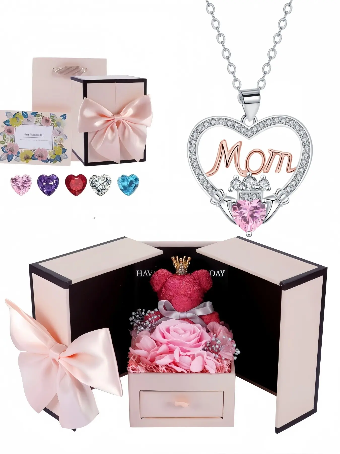 Heart Crown, Claddagh Grace MOM heart gem necklace, paired with a preserved rose & teddy bear jewelry gift box, perfect gift for birthdays, Valentine’s Day, Mother’s Day and Christmas, Exquisite jewelry gift