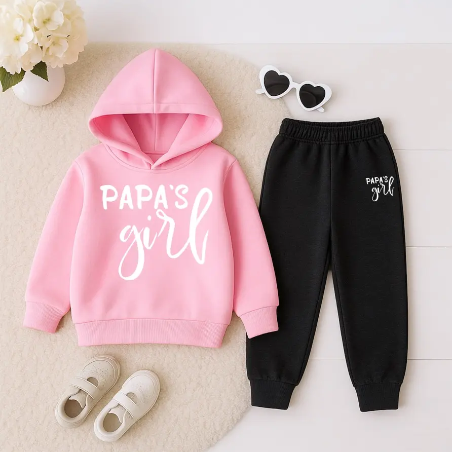 Girls' Fleece-Lined Tracksuit, Papa's Girl Print 2-Piece Fitted Hoodie & Tapered Pants Set, Autumn-Winter Clothes Kids, Combined Set, Girlclothes, Casual Wear, Tapered Fit, Thick Fleece, 13-14Y(160), Cohesive Set