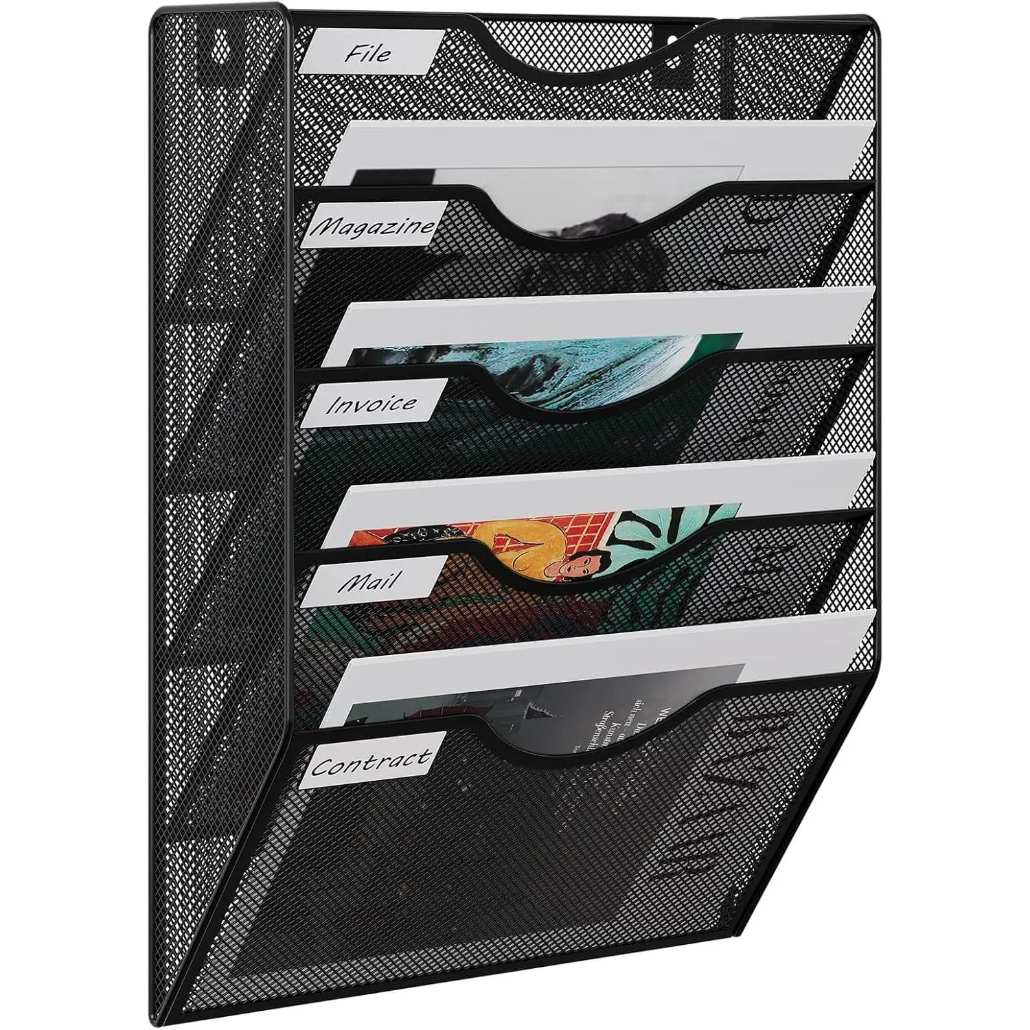 Wall File Holder 5 Pocket Mesh Hanging Wall Organizer Vertical Hanging File Folder Holder Magazine Rack with Nametag Label for Mail Paper Organization,Black