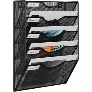 Wall File Holder 5 Pocket Mesh Hanging Wall Organizer Vertical Hanging File Folder Holder Magazine Rack with Nametag Label for Mail Paper Organization,Black
