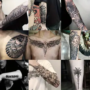 9 Large Herbal Tattoo Stickers, Containing Floral, Qikanuo, English, Angel, Coconut Tree, Traditional, Geisha and Wing Elements, Lasts for 7-15 Days, Waterproof, Anti-Friction, Realistic, Suitable for People Who Do Not Want to Tattoo