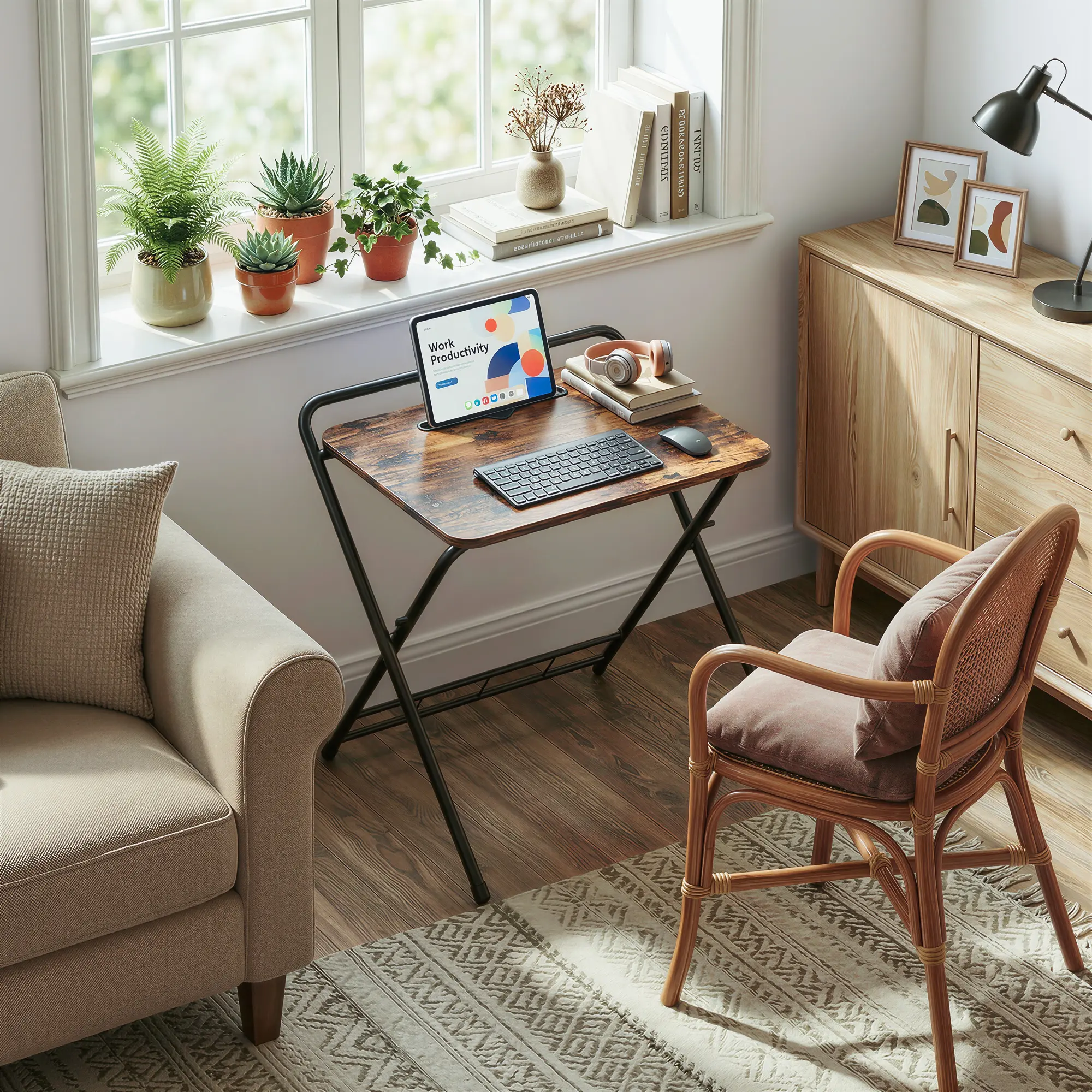【24.8" Foldable, 3-Level Height】 IRONCK Folding Desk with Adjustable Height & Tablet Slot, Industrial Snack TV Tray Table, Multi-Use Computer Writing Work Table for Home Office, Bedroom, Outdoor Patio