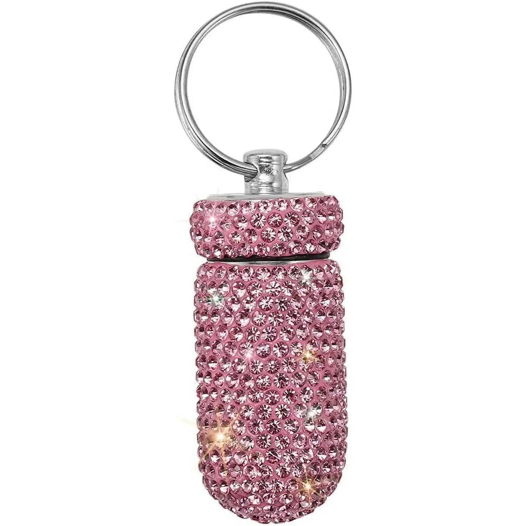 Sparkly Rhinestone Bling Pill Case - Portable Waterproof Keychain Medicine Box, Compact Storage for Travel, Daily Use (Pink)