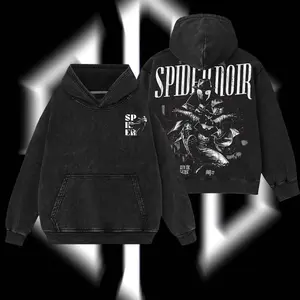 Superstyle "Spider-Noir" Friendly Neighborhood Hero Dark Mutation Shadow Wallcrawler Hero MCU Comic Double Printed Oversize Lightweight Acid Washed Tee Hoodie TV Series Graphic Design Unisex Top Cotton Streetwear T-Shirt Hoodie Sweater Clothes Menswear