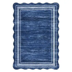 5 x 7 ft Polyester Navy Rectangular Geometric-Bordered Machine-Washable Area Rug for Living Room, Bedroom, Living Room Decor